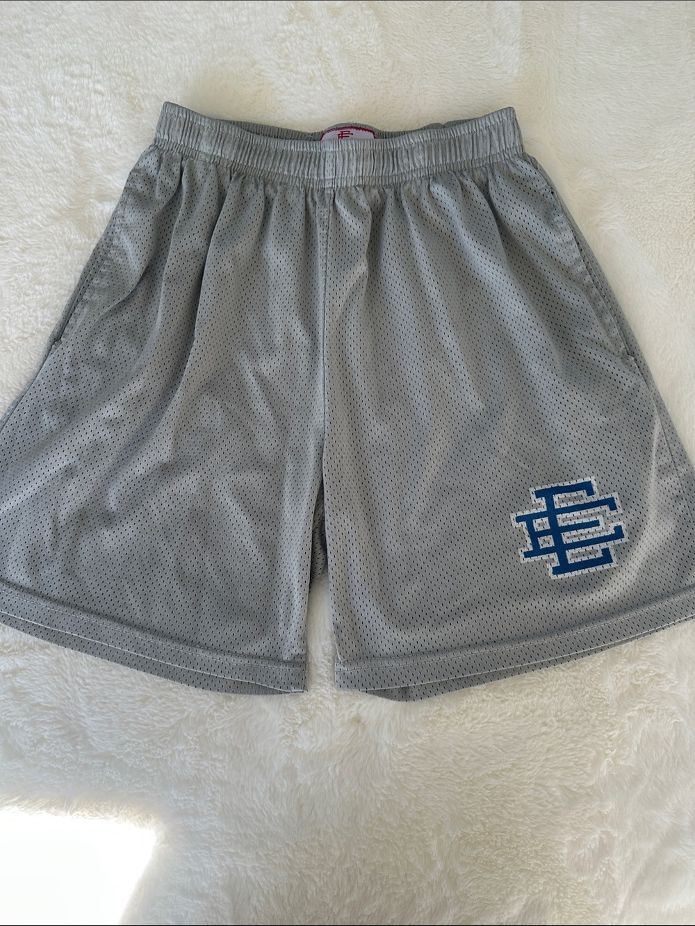 Eric Emanuel Grey Mesh Athletic Shorts with Blue Logo